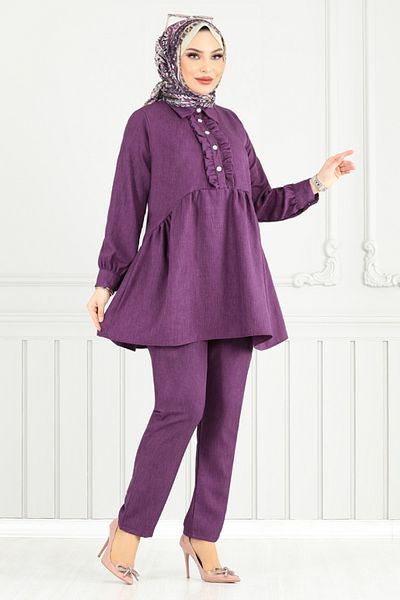 ModaMerve Ruffled Front Linen Suit 6093Tge913-M Purple