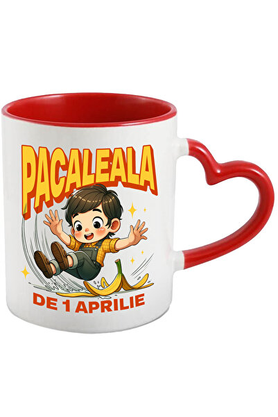 StoryGift Romania Cana Pacaleala De 1 Aprilie Copil Cade Pe Banana, 330ml, Ceramica Cu Maner Inima, Cu ,stg