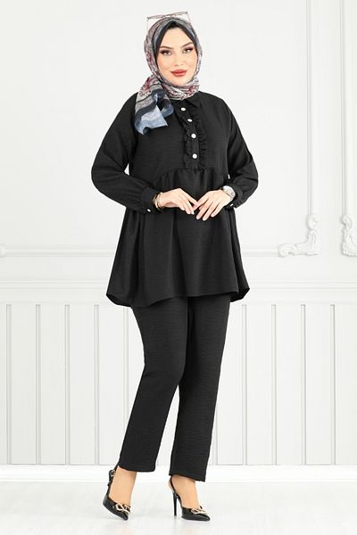 ModaMerve Ruffled Front Linen Suit 6093Tge913-M Black