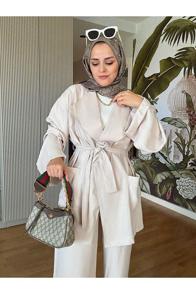 Aselim Hijap Moda Imported Woven Flowy Jacket Belted Double Suit Beige