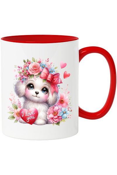 StoryGift Romania Mug with a puppy with the message "I love you", roses on the head, bow, lots of flowers, With