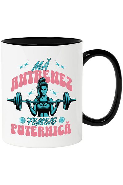 StoryGift Romania Mug Woman lifting barbell sport gym, 330ml, Ceramic with Black Handle, With M