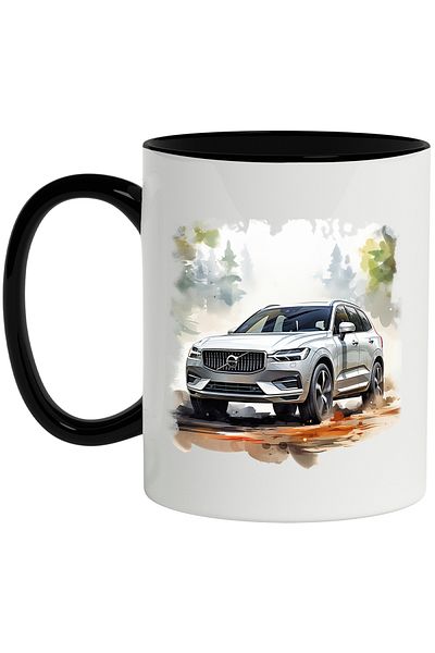 StoryGift Romania Mug With Car, Volvo XC60, Forest, Fir Trees, Nature, Multicolor 330 ml, Ceramic c, With