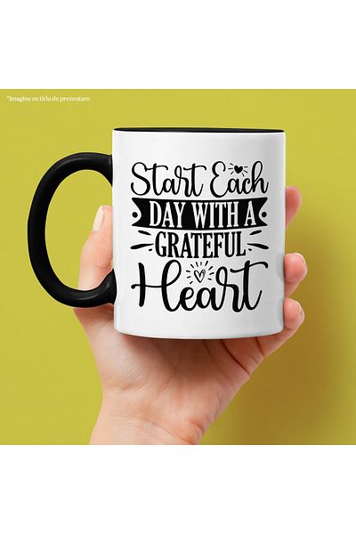 StoryGift Romania Mug with hearts and the text "Start each day with a grateful heart" with Man, Cu, STG