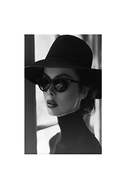 StoryGift Romania Tablou Canvas Mysterious Lady In Portret Alb-negru Cu Ochelari De Soare Si Palarie Cu Buze Mar