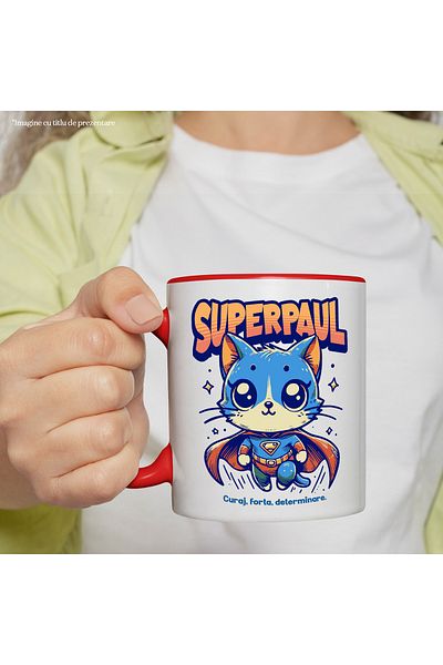 StoryGift Romania Super Paul Mug, Superhero, Flying Cat, 330ml, Ceramic with Red Handle, With Red Handle