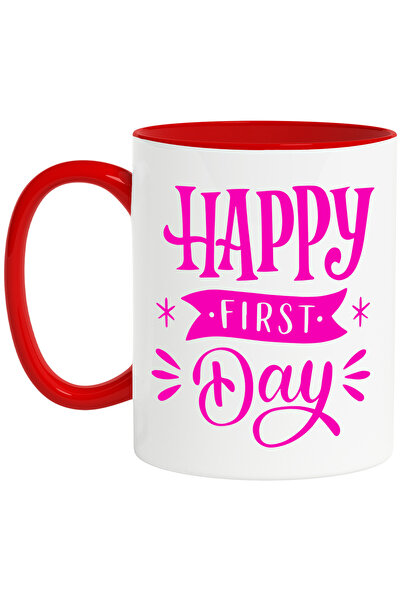 StoryGift Romania Cana Cu Urarea In Engleza "happy First Day" - Prima Zi Fericita Cu Maner Rosu, Cu Man,stg