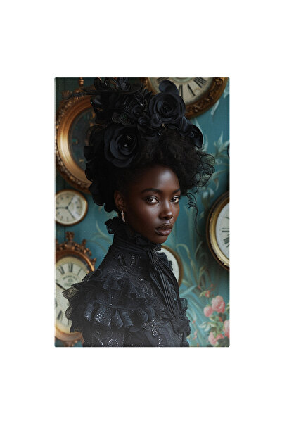 StoryGift Romania Tablou Canvas Femeie Cu Pielea Neagra Si Buze Mari Cu Trandafiri Negrii In Par Intr-o Camera C