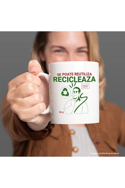 StoryGift Romania Cana Se Poate Reutiliza Reciclare Poluare Plastic, 330ml, Ceramic Cu Maner Alb, Cu Ma,stg