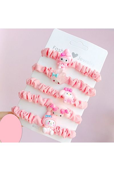 Miniso 6 5 قطع/مجموعة من Sanrio Kawaii My Melody Kuromi Cinnamoroll حبل الهاتف حلقة شعر حبل رأس لطيف حلو عالي الجودة.