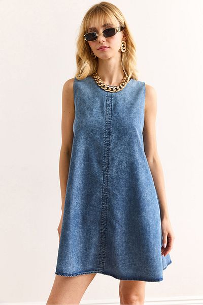 Olalook Women's Blue Back Zipper Stitching Detailed Denim Bell Dress Elb-19002418