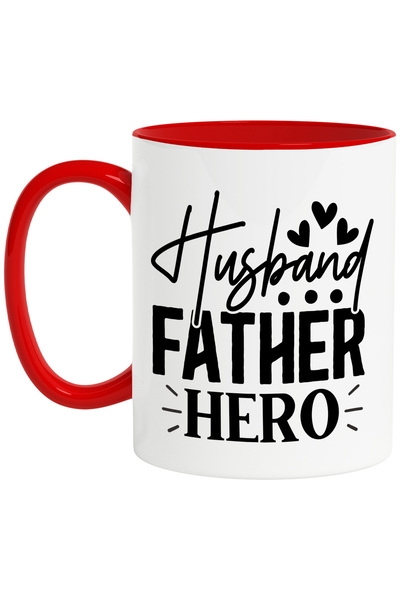 StoryGift Romania Cana Cu Textul In Engleza "husband, Father, Hero" - Sot Tata Erou Cu Maner Rosu, Cu M,stg
