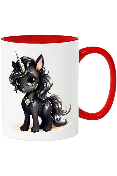 StoryGift Romania Cana Cu Un Unicorn Negru, Floare, Basm, Ilustratie, Par Lung, Coama Lung, Zambet, Cu ,stg