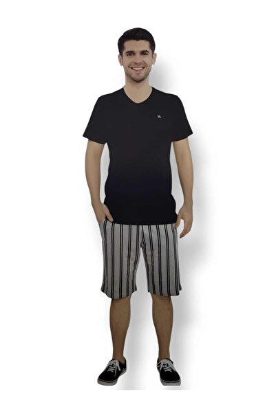 Arnetta 100% Cotton Men's Pajama Set with Shorts – Black Top, Striped Bermuda Shorts, Summer, Comfortable and Stylish