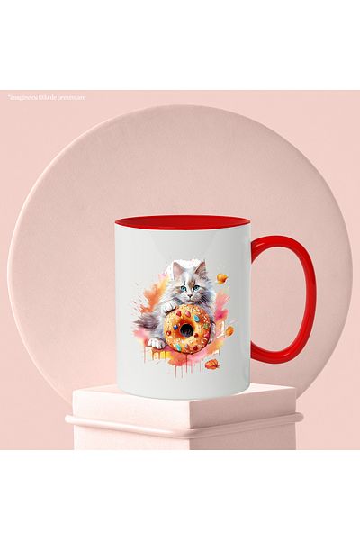 StoryGift Romania Cat Mug, Donut, Dessert, Leaves, Glaze, Candy, Multicolor 330 ml, C, Cu