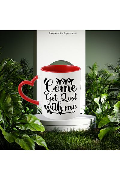 StoryGift Romania Heart Mug for Lovers - "Let's Get Lost" with Red Heart Handle, With M,STG