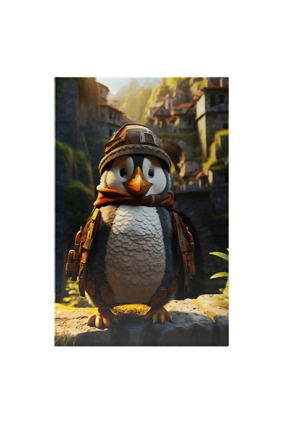 StoryGift Romania Tablou Canvas: Pinguin Explorator Cu Palarie Si Ciocul Portocaliu Langa Case Parasite Si Stanc