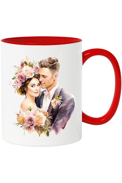 StoryGift Romania Mug with a woman and a man at a wedding | illustration | marriage | flowers | bride, With