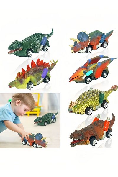 Yelajoy 6-piece dinosaur pull-back toy car set,safe and non-toxic,14 x 12.5 x 8.5 cm,for children aged 2-6