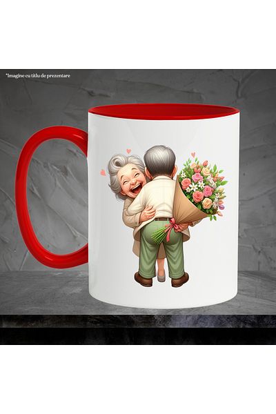 StoryGift Romania Mug with a grandma and a grandpa | joy | hugging | received a bouquet, With,STG