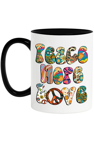 StoryGift Romania Mug with the message "Peace, hope, love", hippie style, culture, illustration, psychedelic, With