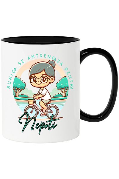 StoryGift Romania Mug Old Woman On Bike In Park Text Grandma Trains For Grandchildren, With