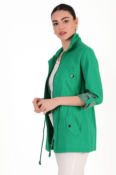Spazio Stand Collar Zippered Snap Coat Green