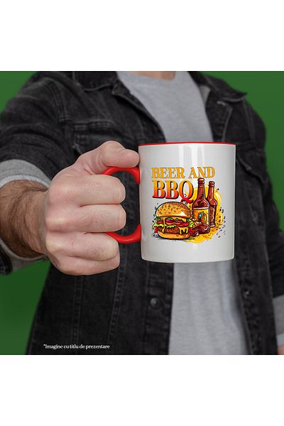 StoryGift Romania Mug with hamburger and beer with the message "Beer and BBQ", cooking, illustration, chefs, With ,STG