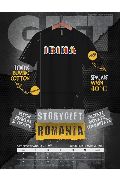 StoryGift Romania Children's Girls' T-Shirt With the Name Irina, Romania, Supporter, Romanian Flag, Patriot 100%, STG.