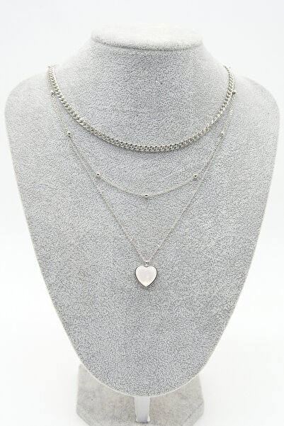 TAKIBOX Triple Chain Model Silver Color Heart Necklace