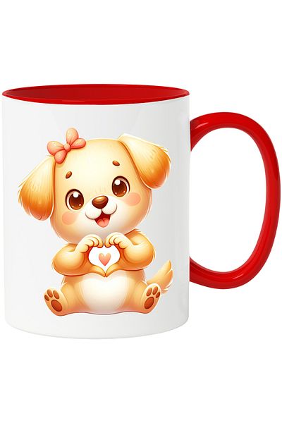 StoryGift Romania Mug with a cheerful puppy holding his fingers in the shape of a heart | illustration | gray, With