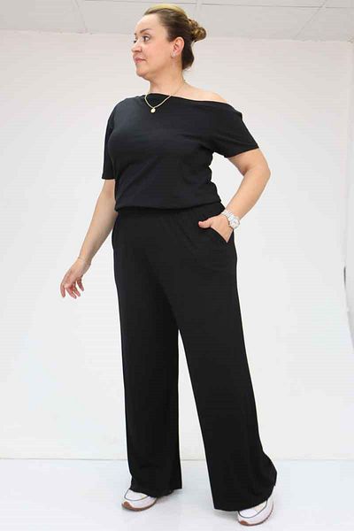 Eslina 39000 Plus Size High Waist Elastic Wide Leg Combed Cotton Trousers - Black
