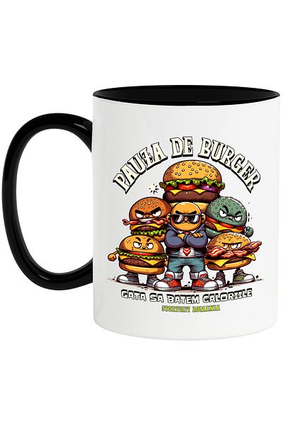 StoryGift Romania Burger Break Mug, Fight Calories, 330ml, Ceramic with Black Handle, With Black Handle