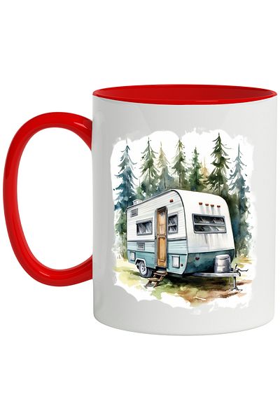StoryGift Romania Mug With Landscape: Forest, Caravan, Fir Trees, Watercolor, Camping, Multicolor 330 ml, C, Cu,STG