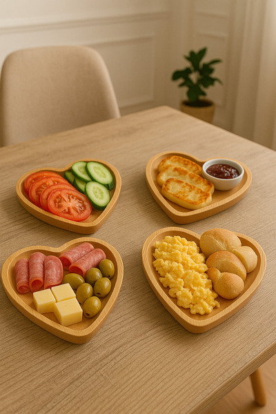 wellhome Hearted Wooden Bamboo Presentation Set of 4 - Romantic Hearted Bamboo Presentation Set / Stylish and Natural 4 Pieces