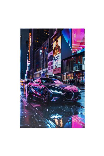 StoryGift Romania Tablou Canvas: Bmw De Lux Luminat De Marile Ecrane Din Centrul Orașului - Furia Mașinii Putern