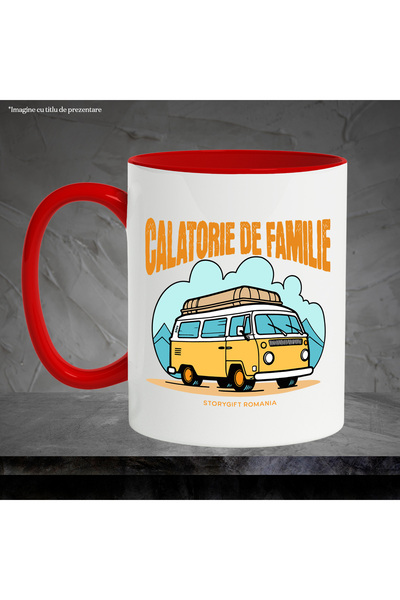 StoryGift Romania Family travel mug caravan adventure love, 330ml, Ceramic with Red Handle, With, STG.