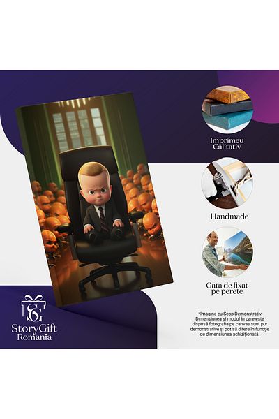 StoryGift Romania Tablou Canvas: Seful Bebelusilor Cu Par Blond Pe Un Scaun De Birou Negru Cu Bebelusi Furiosi I