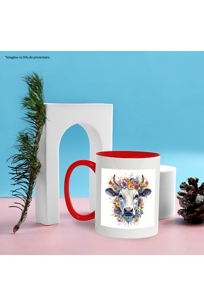StoryGift Romania Mug with a cow's head surrounded by different colored poppies, illustration,, With ,STG