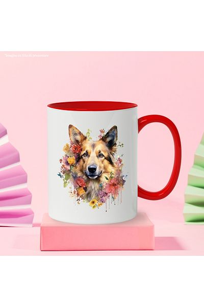 StoryGift Romania Cana Cu Caine, Ciobanesc German, Flori, Frunze, Watercolor, Multicolor 330 Ml, C, Cu ,stg