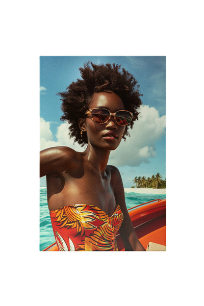 StoryGift Romania Tablou Canvas Profil Fată În Lumina Soarelui Pe Valuri - Insulă, Barcă, Cer Senin , Pictura Di