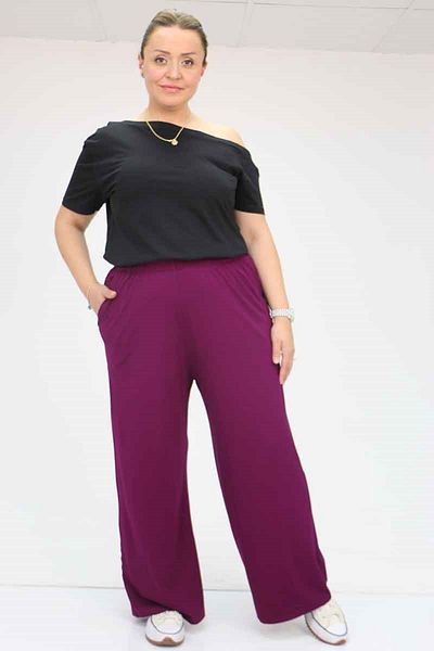 Eslina 39000 Plus Size High Waist Elastic Wide Leg Combed Cotton Trousers - Plum