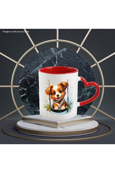StoryGift Romania Mug with a playful puppy swinging, illustration, cheerful, plants, for , With ,STG