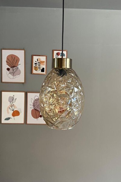 Bamyum Veltro Cam Bal Rengi Tekli Avize Plafonyer Rozans Başlık Retro Sarkıt Lamba Salon Aydınlatma