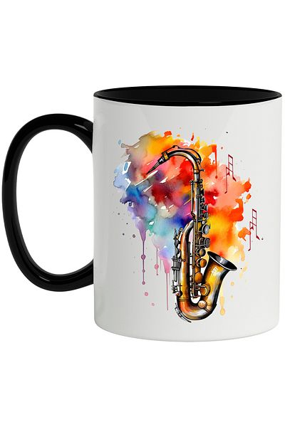 StoryGift Romania Mug With Saxophone, Watercolor, Music, Instrument, Multicolor 330 ml, Ceramic with , With