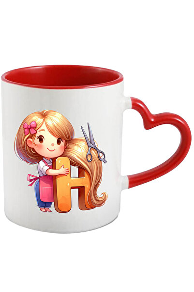 StoryGift Romania Mug with a woman barber | illustration | scissors | cutting hair | holding the letter "H, Cu