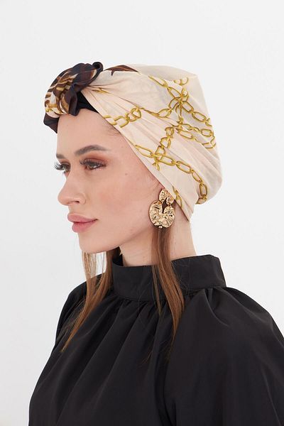 HÜRREM BONE Beige Practical Ready-Made Hijab Bonnet Cut Fiber Retro Patterned 2409_12