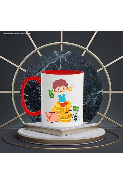 StoryGift Romania Mug With Boy, Banknotes, Coins, Stars, Bag, Dollars, Piggy Bank, Multicolor 330 m, With ,STG