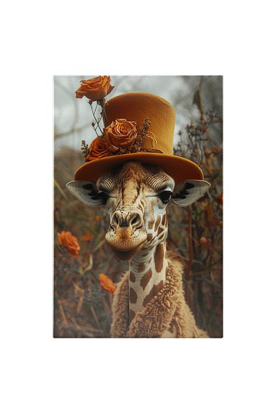 StoryGift Romania Tablou Canvas Lady Giraffe Cu O Palarie Portocalie Si Trandafiri Lipiti Cu Ochii Mari Negri In