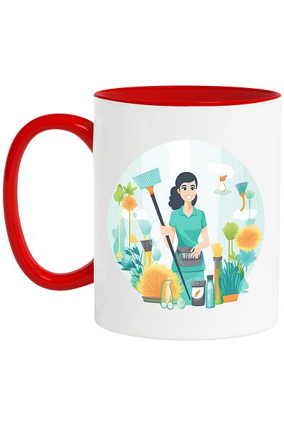 StoryGift Romania Mug with a woman holding a broom | illustration | cleaning | tableware | plants |, With ,STG